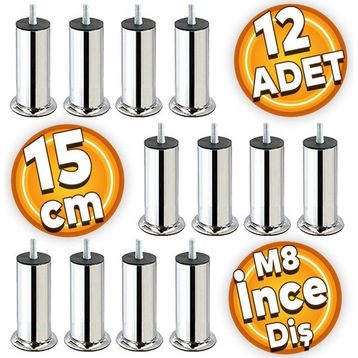 Badem10 M8 Civata İnce Diş Krom Ayak 15 cm 12 Adet Mobilya Kanepe Baza Koltuk Destek Ayağı