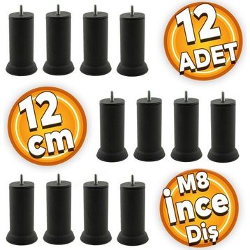 Badem10 M8 Civatalı İnce Diş Siyah Metal 12 Adet Mobilya Baza Metal Kanepe Koltuk Destek Ayağı