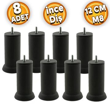 Badem10 M8 Civatalı İnce Diş Siyah Metal Ayak 12 cm 8 Adet Mobilya Baza Metal Kanepe Koltuk Destek Ayağı