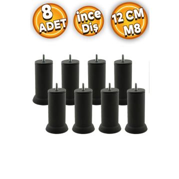 Badem10 M8 Civatalı İnce Diş Siyah Metal Ayak 12 cm 8 Adet Mobilya Baza Metal Kanepe Koltuk Destek Ayağı