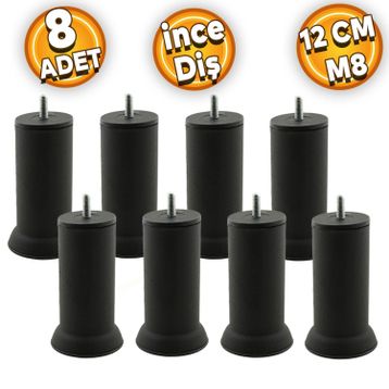 Badem10 M8 Civatalı İnce Diş Siyah Metal Ayak 12 cm 8 Adet Mobilya Baza Metal Kanepe Koltuk Destek Ayağı