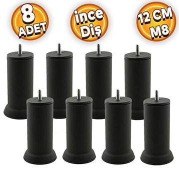 Badem10 M8 Civatalı İnce Diş Siyah Metal Ayak 12 cm 8 Adet Mobilya Baza Metal Kanepe Koltuk Destek Ayağı
