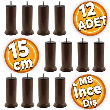 Badem10 M8 Civatalı Kahverengi Metal Ayak 15 cm 12 Adet Baza Mobilya Kanepe Koltuk Destek Ayağı