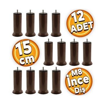 Badem10 M8 Civatalı Kahverengi Metal Ayak 15 cm 12 Adet Baza Mobilya Kanepe Koltuk Destek Ayağı