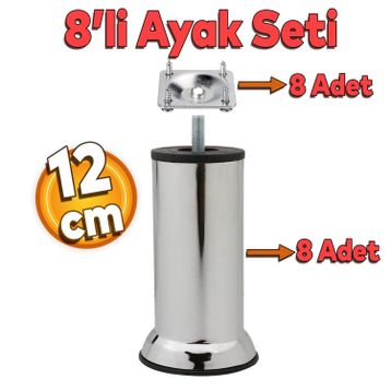 Badem10 Mobilya Kanepe Baza Koltuk Destek Ayağı M8 Civata 12 cm Krom Ayak + 8'li Set Bağlantı Aparatı