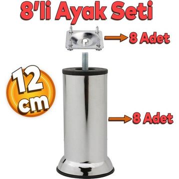 Badem10 Mobilya Kanepe Baza Koltuk Destek Ayağı M8 Civata 12 cm Krom Ayak + 8'li Set Bağlantı Aparatı