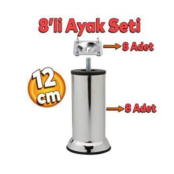 Badem10 Mobilya Kanepe Baza Koltuk Destek Ayağı M8 Civata 12 cm Krom Ayak + 8'li Set Bağlantı Aparatı
