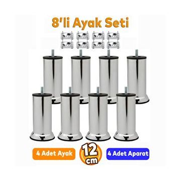 Badem10 Mobilya Kanepe Baza Koltuk Destek Ayağı M8 Civata 12 cm Krom Ayak + 8'li Set Bağlantı Aparatı