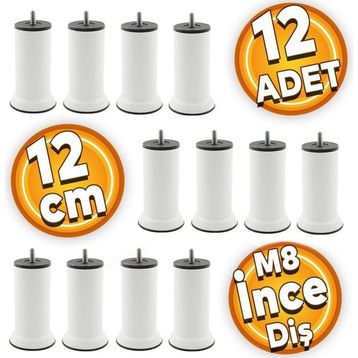 Badem10 Mobilya Metrik 8 Civatalı İnce Diş Beyaz Metal Ayak 12 cm 12 Adet Baza Kanepe Koltuk Destek Ayağı