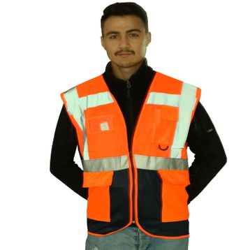 Badem10 Mühendis Tipi Cepli Fosforlu Fermuarlı Turuncu Güvenlik Yelek