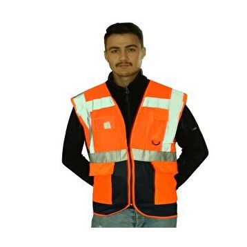 Badem10 Mühendis Tipi Cepli Fosforlu Fermuarlı Turuncu Güvenlik Yelek