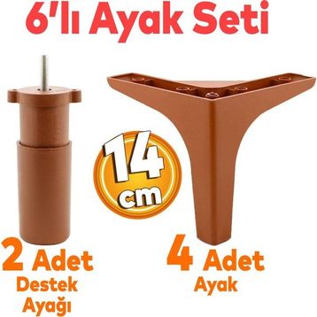Badem10 Sedef 6'lı Çekyat Koltuk Kanepe Destek Ayağı 14 cm Kahverengi Baza Set Mobilya TV Ünitesi