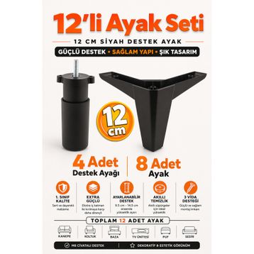 Badem10 Sedir 12'li 12 cm Siyah Baza Set Mobilya TV Ünitesi Çekyat Koltuk Kanepe Destek Ayağı