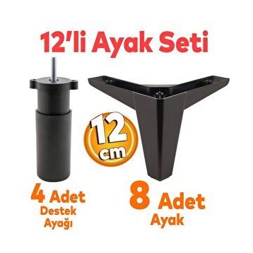 Badem10 Sedir 12'li 12 cm Siyah Baza Set Mobilya TV Ünitesi Çekyat Koltuk Kanepe Destek Ayağı