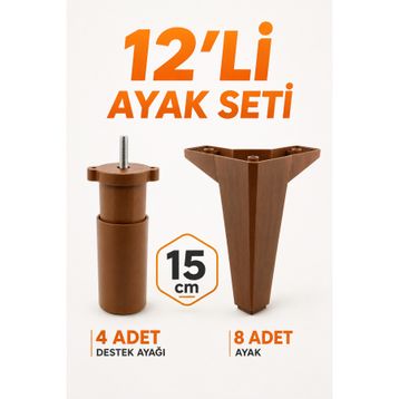 Badem10 Sedir 12'li Set 15 cm Kahverengi Baza Mobilya TV Ünitesi Çekyat Koltuk Kanepe Destek Ayağı