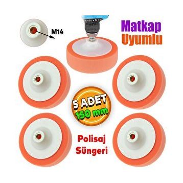 Badem10 Zımpara Tabanlı Turuncu 150 mm M14 Uyumlu 5 Adet Pasta Cila Polisaj Süngeri