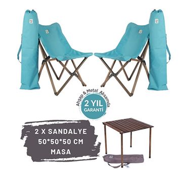 Bag The Joy Antrasit İskelet Turkuaz Kılıf ve 50x50x50 cm Antrasit Masa Ahşap Katlanır Masa Sandalye Seti
