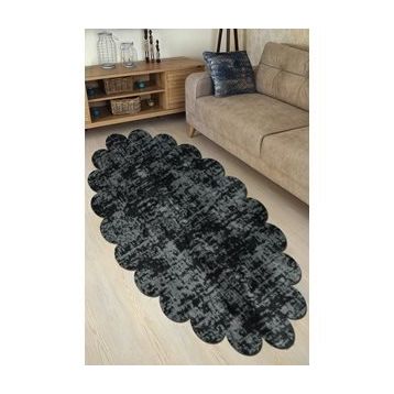 Balat Halı Dekoratif Desenli Koyu Gri Peluş Yumuşak Papatya Halı 120x120