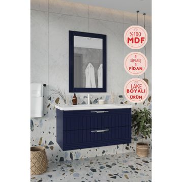 Balneom Erguvan 100 cm Gümüş Kulp Lacivert Ayna Lavabo Banyo Boy Dolabı