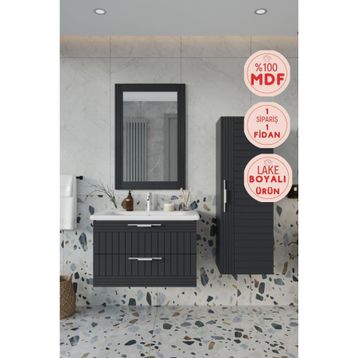 Balneom Erguvan 80 cm Gümüş Kulp Antrasit Lavabolu Aynalı Üst Banyo Boy Dolabı