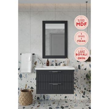 Balneom Erguvan 80 cm Gümüş Kulp Antrasit Lavabolu Aynalı Üst Banyo Dolabı