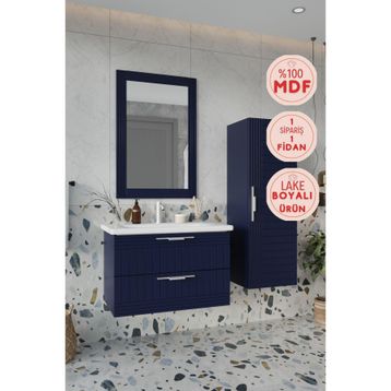 Balneom Erguvan 80 cm Gümüş Kulp Lacivert Ayna Lavabo Banyo Boy Dolabı
