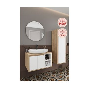 Balneom Gül 70 cm Beyaz Aynalı Lavabo Banyo Dolabı