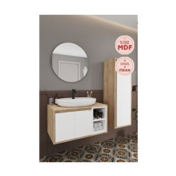 Balneom Gül 80 cm Beyaz Aynalı Lavabo Banyo Dolabı