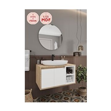 Balneom Gül 80 cm Beyaz Aynalı Lavabo Banyo Dolabı