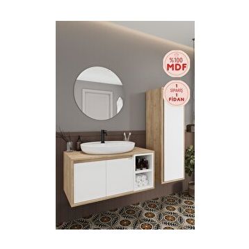 Balneom Gül 90 cm Beyaz Aynalı Lavabo Banyo Dolabı