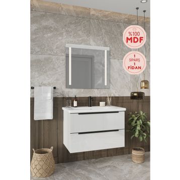 Balneom Kadife Beyaz Parlak Hıgh Gloss 80 cm Banyo Dolabı+Led Işıklı Aynalı Üst Dolap