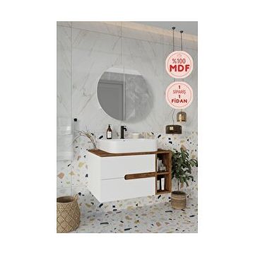 Balneom Koza 80 cm Beyaz Aynalı Üst Dolap Raf ve Lavabo Banyo Dolabı