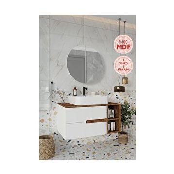 Balneom Koza 90 cm Beyaz Aynalı Üst Raf ve Lavabo Banyo Dolabı
