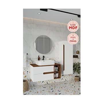Balneom Koza 90 cm Beyaz Aynalı Üst Raf ve Lavabo Banyo Dolabı