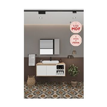 Balneom Lale Beyaz 100 cm Lavabolu Banyo Dolabı + Aynalı Dolap