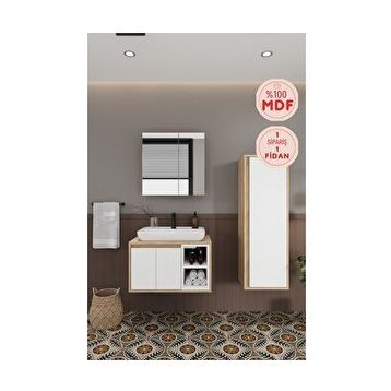 Balneom Lale Beyaz 70 cm Lavabolu Banyo Dolabı Aynalı Dolap Boy Dolabı