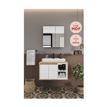 Balneom Lale Beyaz 70 cm Lavabolu Banyo Dolabı + Aynalı Dolap