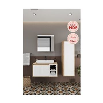 Balneom Lale Beyaz 80 cm Lavabolu Banyo Dolabı + Aynalı Dolap+ Boy Dolabı