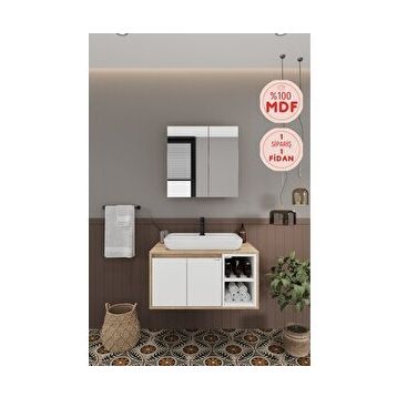 Balneom Lale Beyaz 80 cm Lavabolu Banyo Dolabı + Aynalı Dolap