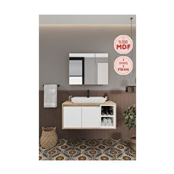 Balneom Lale Beyaz 90 cm Lavabolu Banyo Dolabı + Aynalı Dolap