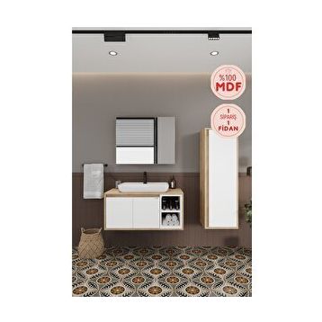 Balneom Lale Beyaz 90 cm Lavabolu Banyo Dolabı + Boy Dolabı