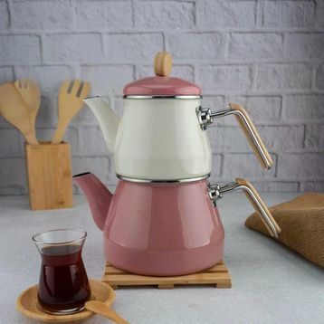 Bambum Lumino Pembe Bambu Kulplu Emaye Çaydanlık Takımı