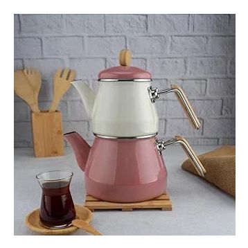 Bambum Lumino Pembe Bambu Kulplu Emaye Çaydanlık Takımı
