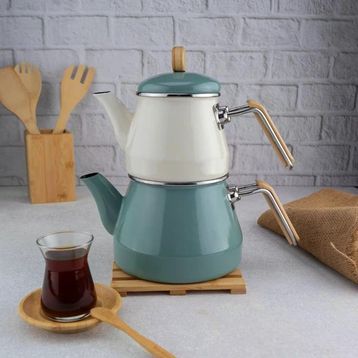 Bambum Lumino Yeşil Bambu Kulplu Emaye Çaydanlık Takımı