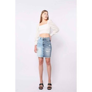 Banny Jeans Kadın Mavi Renk Bloklu Yırtık Jean Etek