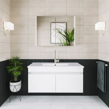 Banos AL3 Lavabolu Beyaz 100 cm Aynalı Banyo Dolabı Takımı