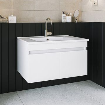 Banos LD3 Ayaksız 2 Kapaklı Lavabolu Beyaz 85 cm Banyo Dolabı