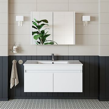 Banos Roomart 2 Kapaklı Lavabolu Beyaz MDF 100 cm Banyo Dolabı + 570x1000x455 cm Aynalı Banyo Üst Dolabı
