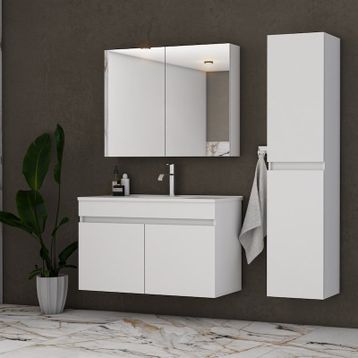 Banos TM3 Lavabolu Beyaz 85 cm Aynalı Banyo Dolabı Takımı