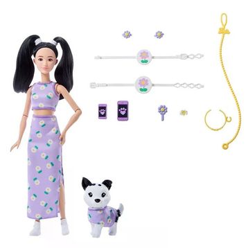 Barbie JFP39 Oyuncak Uyumlu Dostlar Siyah Saçlı Bebek ve Köpeği